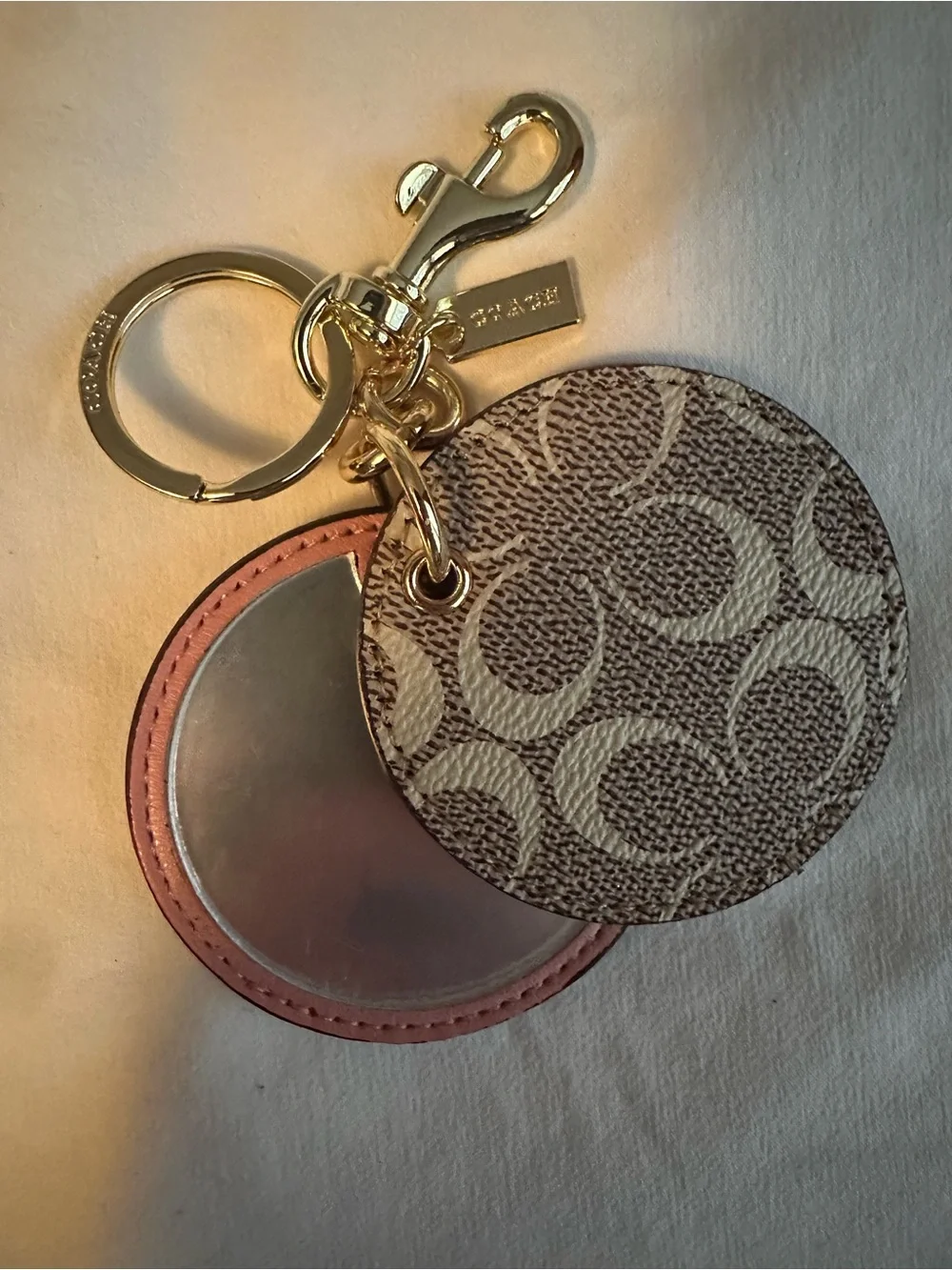 Coach Beige/Brown Signature Round Key Ring with Gold Hardware and mirror